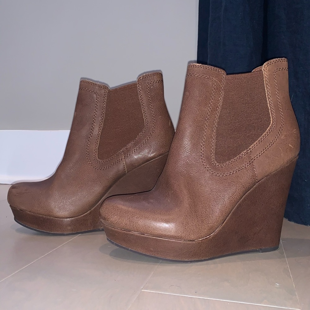 Brown leather wedge booties